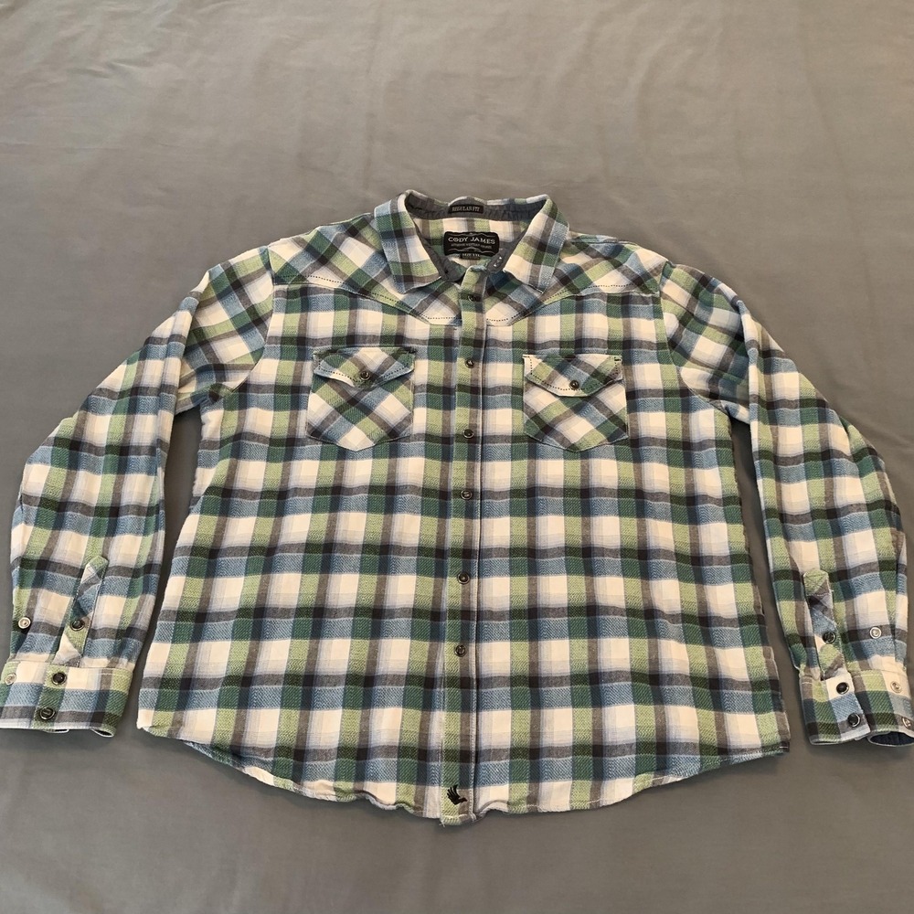 Cody James Western Shirt Mens 2XL Blue Plaid Flannel Snap Front Long Sleeve